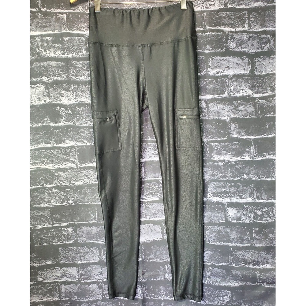 Mono B Foil Leggings Triple Zippered Pocket Mid Waist Black Womens Small Pants